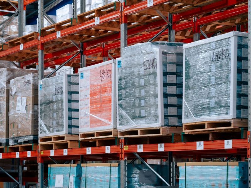 Shrink wrapped pallets in Famous Pacific Shipping warehouse
